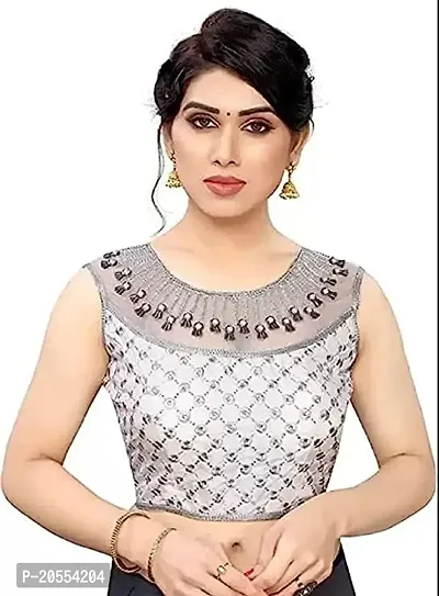 Young Kiba Export Women's Embroidery Handwork Thread zari Stone Work Readymade Blouse | Sleeveless Blouse | Size:- 38 | Color:- White | Round Neck-thumb0