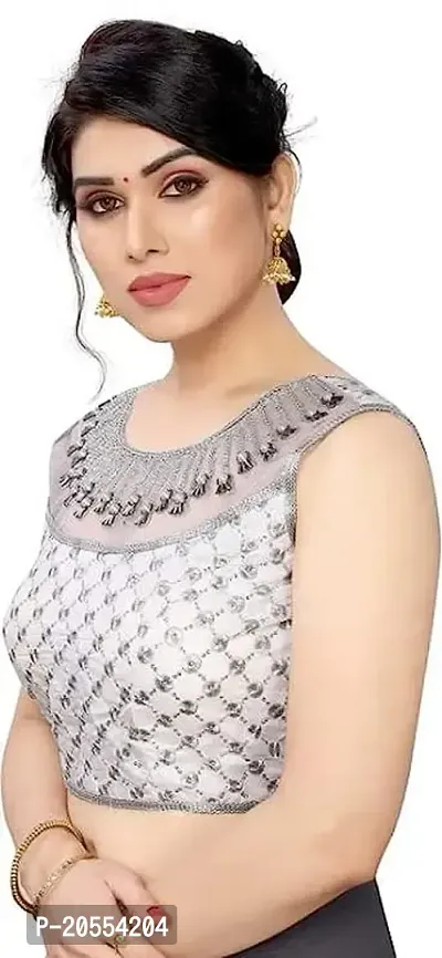 Young Kiba Export Women's Embroidery Handwork Thread zari Stone Work Readymade Blouse | Sleeveless Blouse | Size:- 38 | Color:- White | Round Neck-thumb2