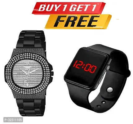 Stainless Steel Black Diamond Analog Watch with Led Digital Watch Combo of 2-thumb0