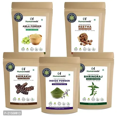 Humanveda Natural Hair Care Powder - Amla Reetha Shikakai, Bhringraj  Indigo Powder | Aritha |Indian Gooseberry powder | Natural Bhringraj Powder | Indigo Powder/ Indigofera tinctoria, (Pack of 5, 100g each, 500g)