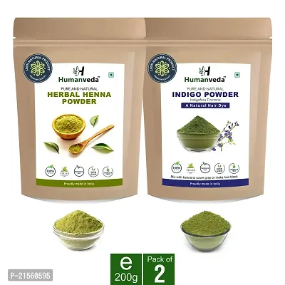 Humanveda Pure  Herbal Indigo Powder And Henna Powder ( Indigofera Tinctoria - Lawsonia Inermis/Mehandi) Combo 100% Natural For Black/Blue/Grey Hair Color, 100gm x 2=200gm