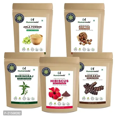 Humanveda Pure  Nature Amla, Reetha, Shikakai, Bhringraj  Hibiscus Powder for Hair Care | Aritha | Soapnuts | Indian Gooseberry | Eclipta alba | Rosa Sinensis/Gudhal | (Pack of 5, 100g each, 500g)