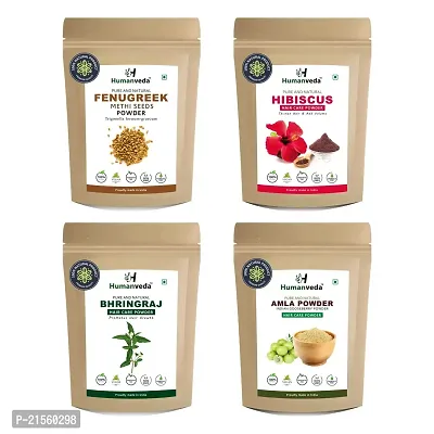 Humanveda Pure  Natural Amla (Indian Gooseberry), Bhringraj (Eclipta Alba), Methi (Fenugreek), And Hibiscus (Rosa-Sinensis) Powder For Hair  Skin Treatment,(Pack of 4,100g each, Total 400g Pack)