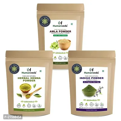 Humanveda Natural  Herbal Henna, Indigo  Amla Powder For Natural Hair Colour  Hair Growth, Combo (Pack of 3, 100g each)