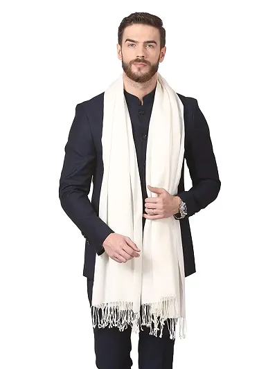 Modern White Pashmina Wool Solid Shawl For Men