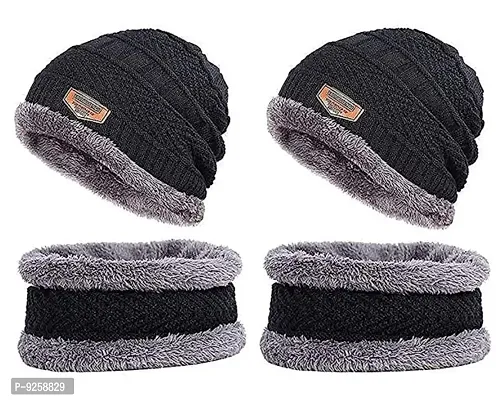 Classy Woolen Beanie Cap with Neck Warmer for Unisex, Pack of 2