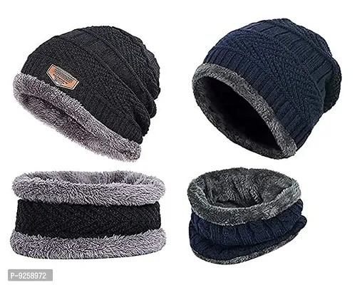 Classy Woolen Beanie Cap with Neck Warmer for Unisex, Pack of 2-thumb0