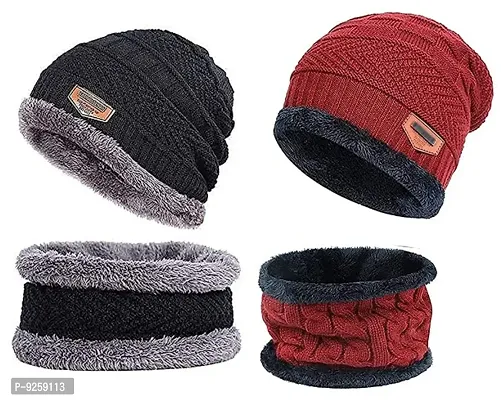 Classy Woolen Beanie Cap with Neck Warmer for Unisex, Pack of 2-thumb0