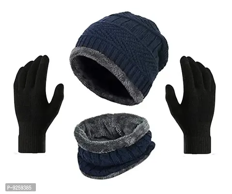 Classy Woolen Beanie Cap with Neck Warmer for Unisex with Gloves-thumb0