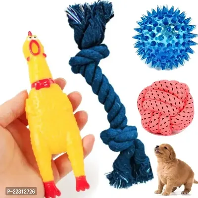 Puppies Combo Toys for Dogs Squeaky Squawking Chicken Rubber Dog Toys with Sound |  2 Knot Rope | Spike Ball | Cotton Ball | Toys for Puppies - Pack of 4