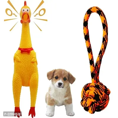 Pack of 2 Dog Toys I Squeaky Chicken + Rope Ball Dog Toys I 100% Natural Rubber I Safe  Non-Toxic Chew Toys for Dogs I Puppy Teething  Dental Cleaning for Puppies/Dogs-thumb0