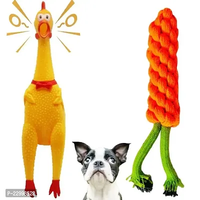 Pack of 2 Dog Toys I Squeaky Chicken + Carrot Rope Dog Toys I 100% Natural Rubber I Safe  Non-Toxic Chew Toys for Dogs I Puppy Teething  Dental Cleaning for Puppies/Dogs