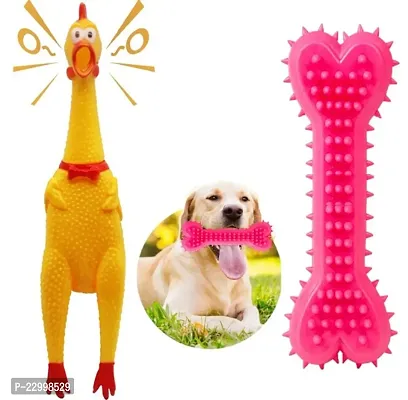 Pack of 2 Dog Toys I Squeaky Chicken + Spike Bone for Dogs I 100% Natural Rubber I Safe  Non-Toxic Chew Toys for Dogs I Puppy Teething  Dental Cleaning for Puppies/Dogs-thumb0