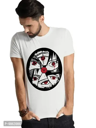 VIKCLIQUE Naruto Anime Uchiha Eyes Printed Half Sleeve Round Neck White T-Shirt for Men's/Boy's