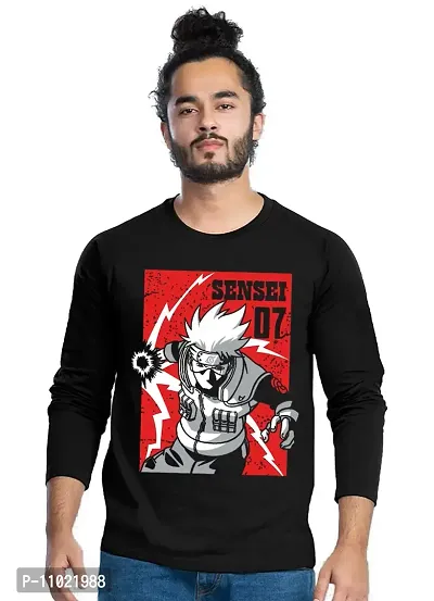 Trendy Full Sleeve Black Printed Cotton Blend Anime Naruto T-Shirts For Men