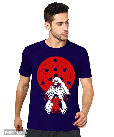 VIKCLIQUE Anime Naruto Madara Uchiha Dual Cotton Blend Printed Half Sleeve Round Neck Navy Blue T-Shirt for Men's/Boy's-thumb0