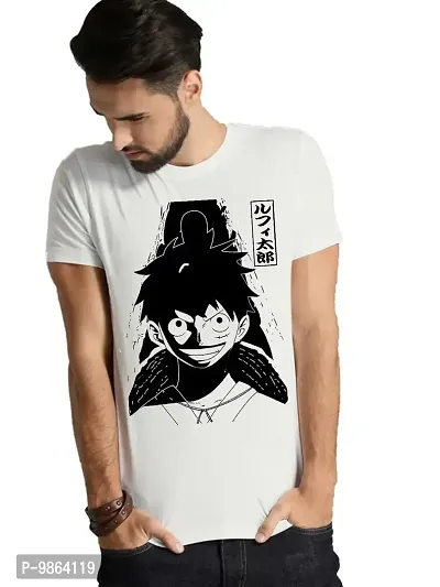 VIKCLIQUE Anime One Piece Luffy Zoro Cotton Blend Printed Half Sleeve Round Neck White T-Shirt for Men's/Boy's