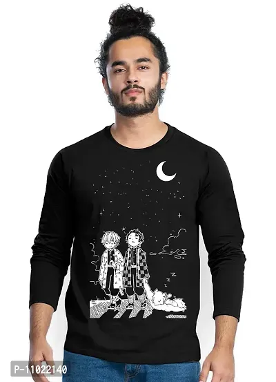 Trendy Full Sleeve Black Printed Cotton Blend Anime Demon Slayer T-Shirts For Men