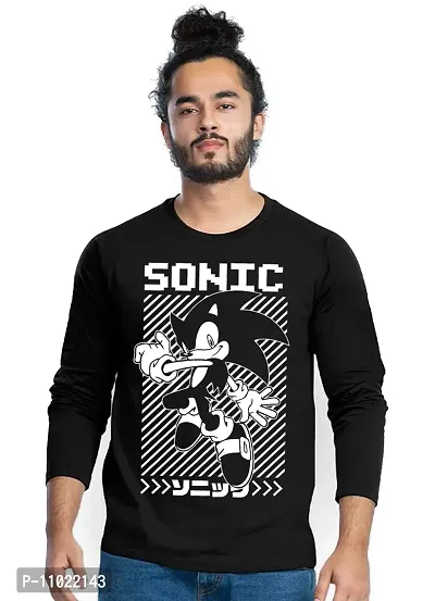 Trendy Full Sleeve Black Printed Cotton Blend Anime Sonic T-Shirts For Men