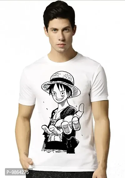 VIKCLIQUE Anime One Piece Luffy Cap Zoro Cotton Blend Printed Half Sleeve Round Neck White T-Shirt for Men's/Boy's