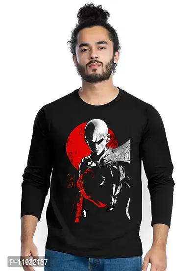 Trendy Full Sleeve Black Printed Cotton Blend Anime Saitama T-Shirts For Men