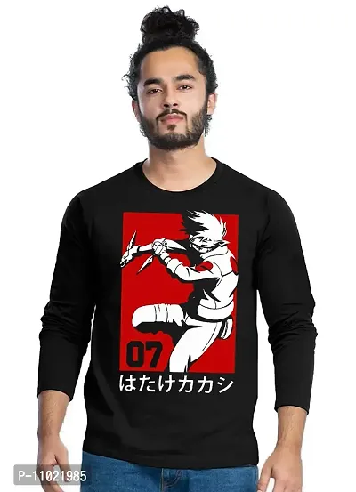 Trendy Full Sleeve Black Printed Cotton Blend Anime Naruto T-Shirts For Men