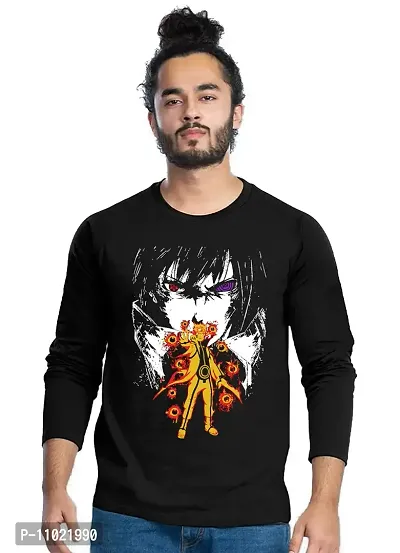 Trendy Full Sleeve Black Printed Cotton Blend Anime Naruto T-Shirts For Men