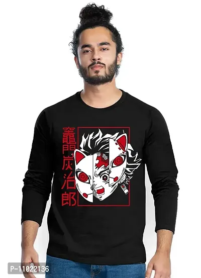 Trendy Full Sleeve Black Printed Cotton Blend Anime Demon Slayer T-Shirts For Men