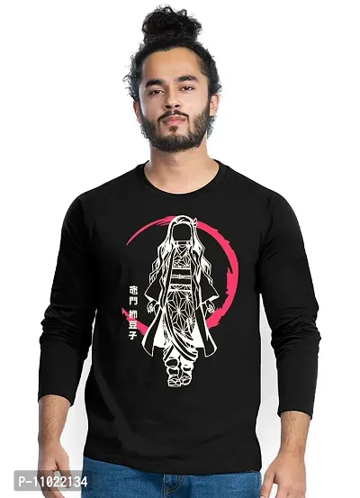 Trendy Full Sleeve Black Printed Cotton Blend Anime Demon Slayer T-Shirts For Men