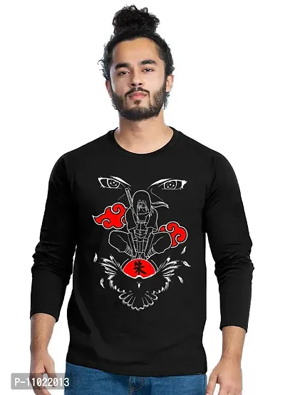 Trendy Full Sleeve Black Printed Cotton Blend Anime Naruto T-Shirts For Men