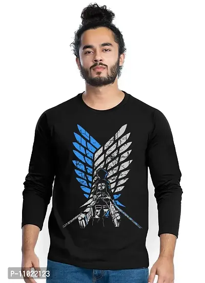 Trendy Full Sleeve Black Printed Cotton Blend Anime Attack On Titan Men T-Shirts