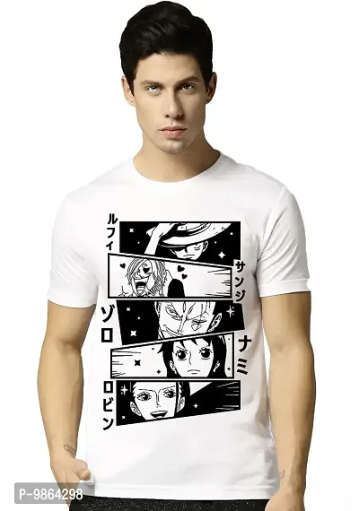 VIKCLIQUE Anime One Piece Luffy Zoro Team Cotton Blend Printed Half Sleeve Round Neck White T-Shirt for Men's/Boy's-thumb0