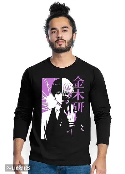 Trendy Full Sleeve Black Printed Cotton Blend Anime Tokyo Ghoul T-Shirts For Men-thumb0