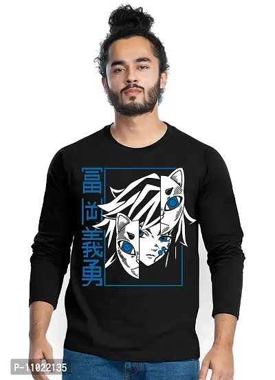 Trendy Full Sleeve Black Printed Cotton Blend Anime Demon Slayer T-Shirts For Men-thumb0