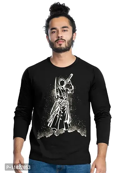 Trendy Full Sleeve Black Printed Cotton Blend Anime Luffy T-Shirts For Men