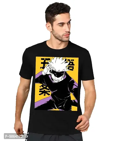 VIKCLIQUE Jujutsu Kaisen Gojo Itadori Anime Yellow Printed Half Sleeve Round Neck Black/Blue T-Shirt for Men's/Boy's-thumb0