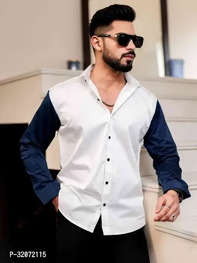 Reliable White Cotton Blend Colourblocked Casual Shirt For Men-thumb0