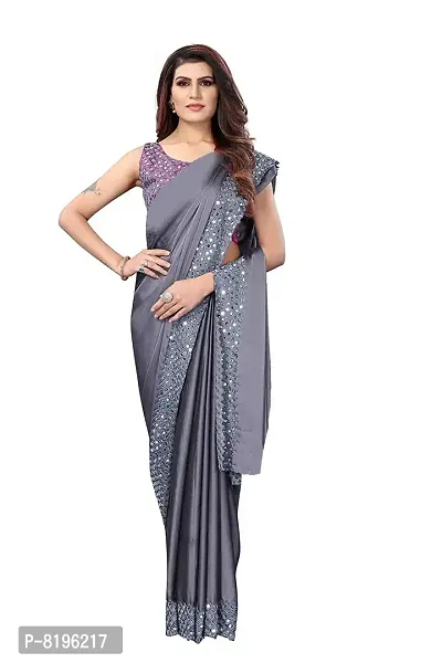 Vinayak Textile Women's Mirror Worked Silk Saree With Blouse (Grey)