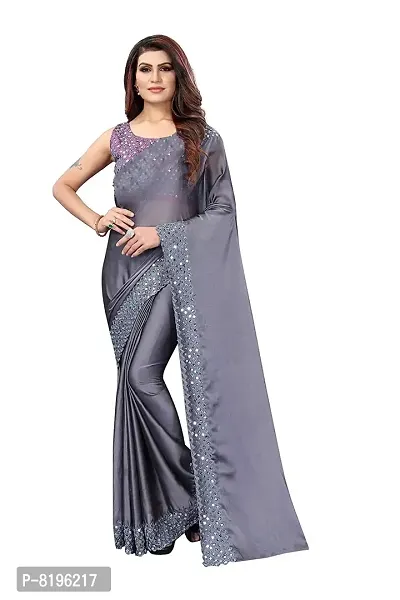 Vinayak Textile Women's Mirror Worked Silk Saree With Blouse (Grey)-thumb2