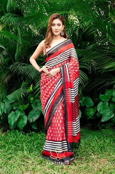 Women Linen Printed Saree With Blouse Piece