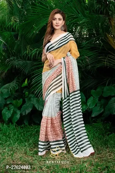 Beautiful Printed Linen Blend Saree For Women