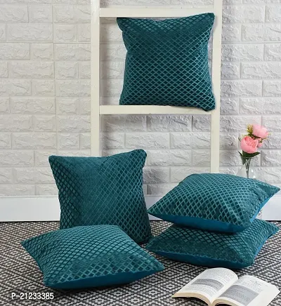 Stylish Soft Velvet Fabric Self Check Design Decorative Faux Velvet Cushion Covers 16x16 Inch Set of 5 for Couch, Sofa, Bed (SEA GREEN)