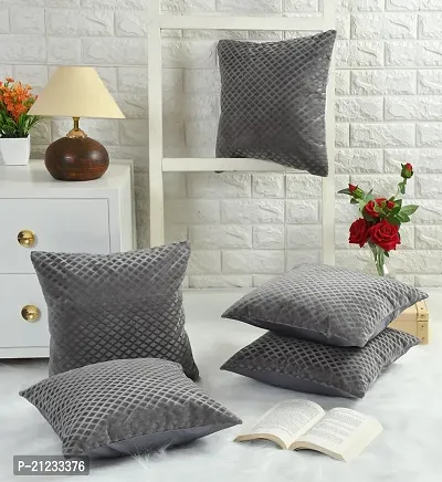 Stylish Soft Velvet Fabric Self Check Design Decorative Faux Velvet Cushion Covers 16x16 Inch Set of 5 for Couch, Sofa, Bed (GREY)