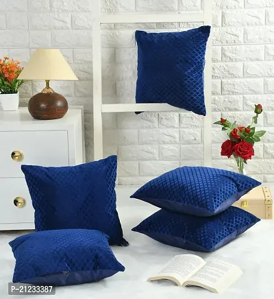 Stylish Soft Velvet Fabric Self Check Design Decorative Faux Velvet Cushion Covers 16x16 Inch Set of 5 for Couch, Sofa, Bed (BLUE)