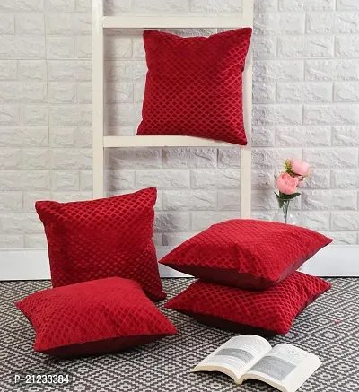 Stylish Soft Velvet Fabric Self Check Design Decorative Faux Velvet Cushion Covers 16x16 Inch Set of 5 for Couch, Sofa, Bed (RED)