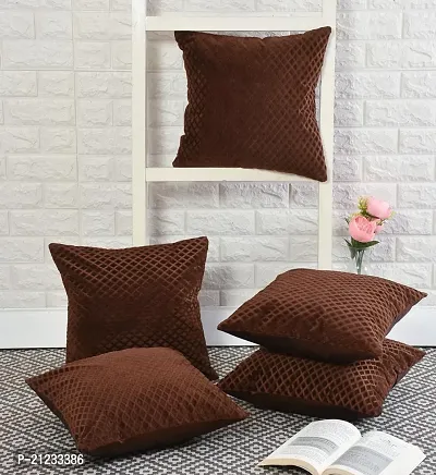 Stylish Soft Velvet Fabric Self Check Design Decorative Faux Velvet Cushion Covers 16x16 Inch Set of 5 for Couch, Sofa, Bed (BROWN)