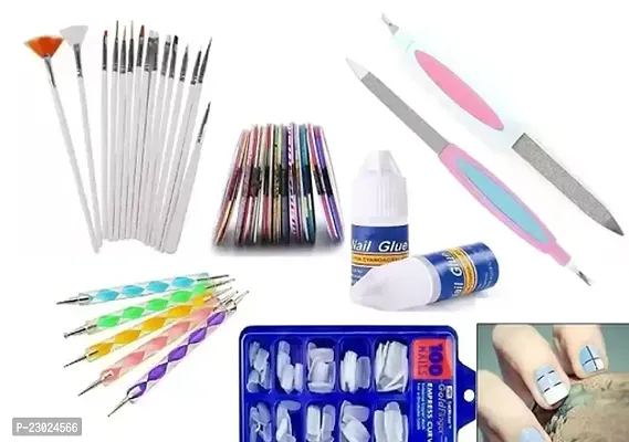 Nail Art Kit With 100 Nails 15 Pcs Nail Art Brush 5 Pcs Nail Dotting Tools 5 Round Nail Tapes 2 Nail Glue 2 Pc Nail Filer -129 Pcs Combo-317-thumb0