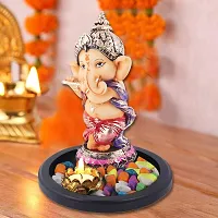Mariner's Creation Polyresin and Marble Dust Ganesha Idol Playing Flute with Wooden Tray (19.5X19.5X20 cm, Brown)-thumb1