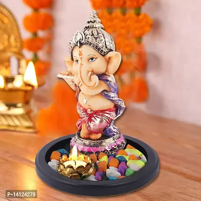 Mariner's Creation Polyresin and Marble Dust Ganesha Idol Playing Flute with Wooden Tray (19.5X19.5X20 cm, Brown)-thumb2