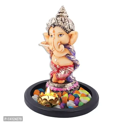 Mariner's Creation Polyresin and Marble Dust Ganesha Idol Playing Flute with Wooden Tray (19.5X19.5X20 cm, Brown)-thumb5